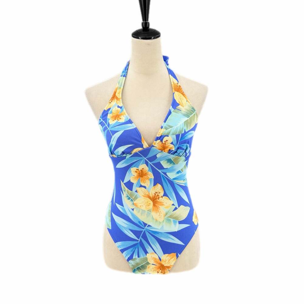 Caribbean Joe Adjustable Halter V-neck Blue Floral Tropical One Piece Swimsuit